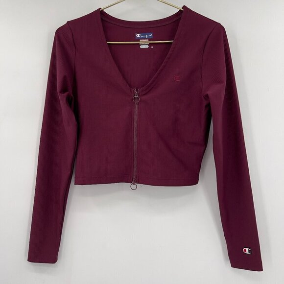 Champion Women's Spandex Ribbed Zip Front Cropped Dark Berry Purple Top M - Picture 1 of 8